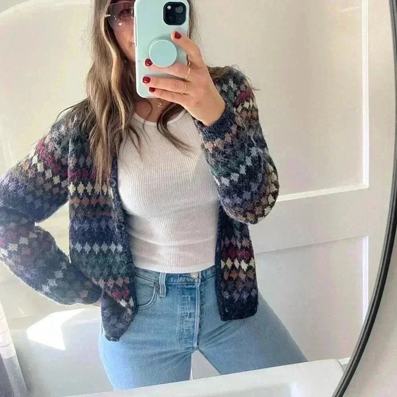 90s Vintage Eclectic Grandpa Coastal Grandma preppy Earthy Fair Isle Cardigan Lg - Picture 10 of 11